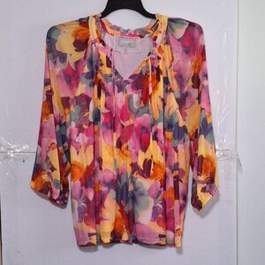 Artsy Cupio Women's Top Abstract Watercolor Floral Pleated Loose Fit Size 3X